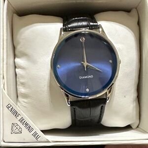 Men’s Diamond Dial Blue Face Silver Tone Black Band Watch